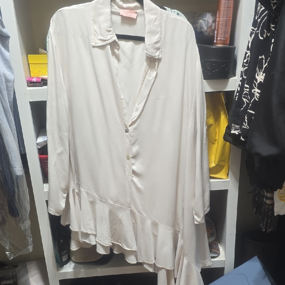 Cream Ruffled Long Sleeve Blouse with Peter Pan Collar
